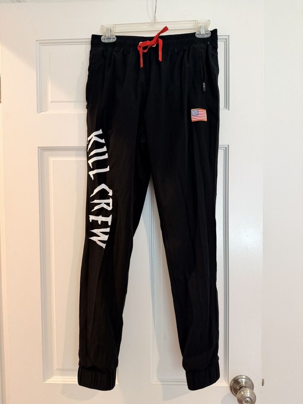 Kill Crew Jogger Pants Mens XS Black Woven Elastic Waist USA Flag Athletic